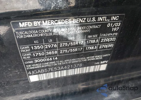 2003 Mercedes-Benz Ml 350 from USA, damaged, VIN 4JGAB57E53A421378